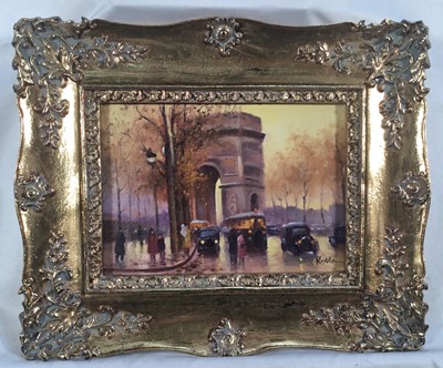 Lot 295 - Kayvon Esmaeilou, oil on board, The Arc de Triomphe Paris signed, in gilt frame. 12 x16cm.