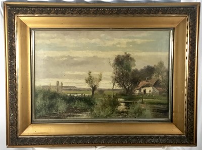 Lot 333 - Abraham Hulk Jnr. (1844 - 1922) oil on canvas, an extensive landscape with a cottage by a river in the foreground, signed, in gilt frame. 39 x 59cm.