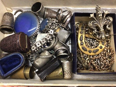 Lot 84 - Group of antique and later jewellery parts, silver jewellery, silver thimbles, gilt metal chains etc