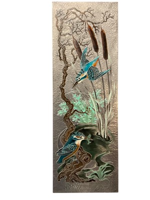 Lot 194 - Audry Blake - enamelled metal picture, kingfishers, Phoenix Gallery label verso