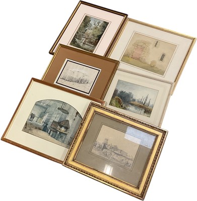 Lot 633 - Group of six framed watercolours and pencil works