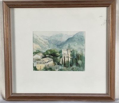 Lot 160 - Pair of Majorcan watercolours - Mountain Village and Harbour Scene, 8cm x 10cm, in glazed frames