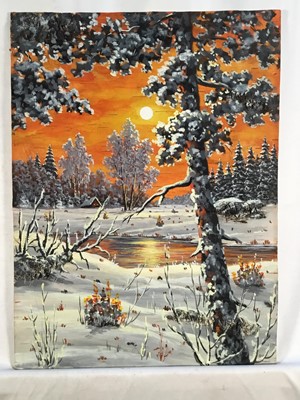 Lot 161 - 20th Century oil and collage on board - Setting Sun Snow Scene, 40cm x 30cm, unframed