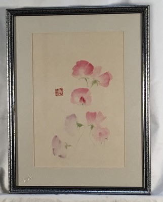 Lot 163 - Christina Applebee Chinese brush watercolour painting - Sweet Peas, signed, 30cm x 21cm, in glazed frame