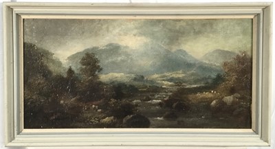 Lot 167 - 19th Century oil on board - Highland Scene, indistinctly signed, 29cm x 59cm, framed