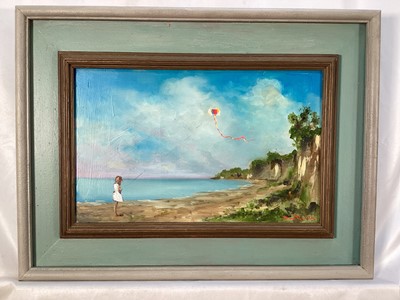 Lot 171 - David Ross (Contemporary) oil on board - Kite Girl, signed, 20cm x 32cm, framed