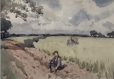 Lot 183 - English School watercolour of figures in a rural landscape, 26cm x 37cm, in glazed frame