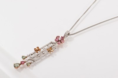 Lot 133 - Diamond and multi-coloured tourmaline floral open work pendant in 18ct white gold setting on a 9ct white gold chain