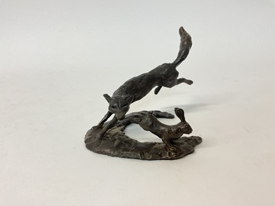 Lot 63 - Modern bronze sculpture depicting a fox chasing a rabbit, signed PJ, 9cm high