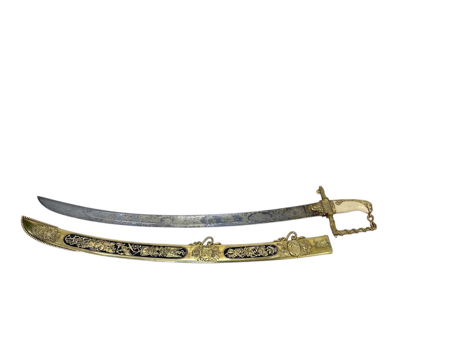 Lot 950 - Fine and rare Lloyd's Patriotic Fund sword of 100 Guinea value, awarded to Henry Lambert Esq. Captain of H.M.S. St. Fiorenzo, presented in 1805, blad...