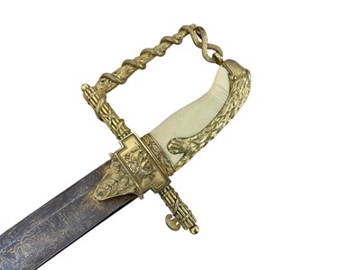 Lot 950 - Fine and rare Lloyd's Patriotic Fund sword of 100 Guinea value, awarded to Henry Lambert Esq. Captain of H.M.S. St. Fiorenzo, presented in 1805, blad...