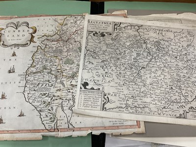 Lot 252 - Group of unframed maps, including Saxton Kip map of Leicestershire, Morden map of Cumberland and others