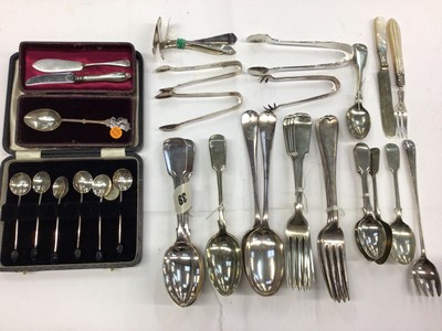 Lot 94 - Set of six 1930s silver bean end coffee spoons in fitted case, Coronation 1937 silver teaspoon in fitted case, two pairs of silver sugar tongs and a group of silver plated flatware