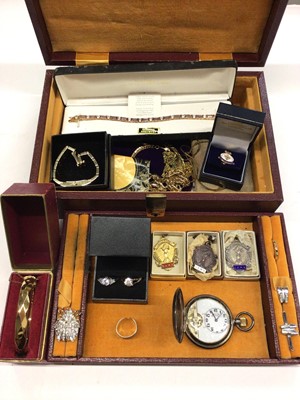 Lot 180 - Jewellery box containing bijouterie, gold plated chains and bangle, silver gilt gem set bracelet, silver fobs and a silver cased full hunter 8 days Hebdomas pocket watch