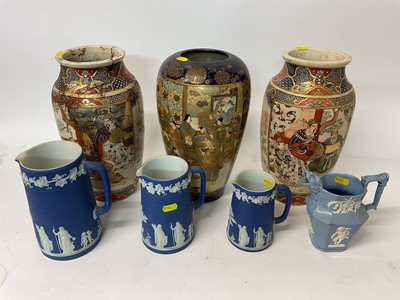 Lot 275 - Late 19th century Japanese Meiji period satsuma vase, a pair of similar vases, three Wedgwood Jasper ware jugs and a Victorian jug