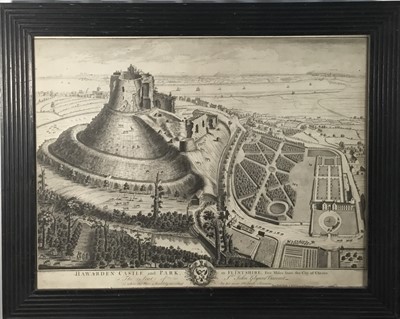 Lot 326 - Antique black and white engraving - Hawarden Castle and Park in Flintshire, 44cm x 57cm, in ribbed ebonised frame