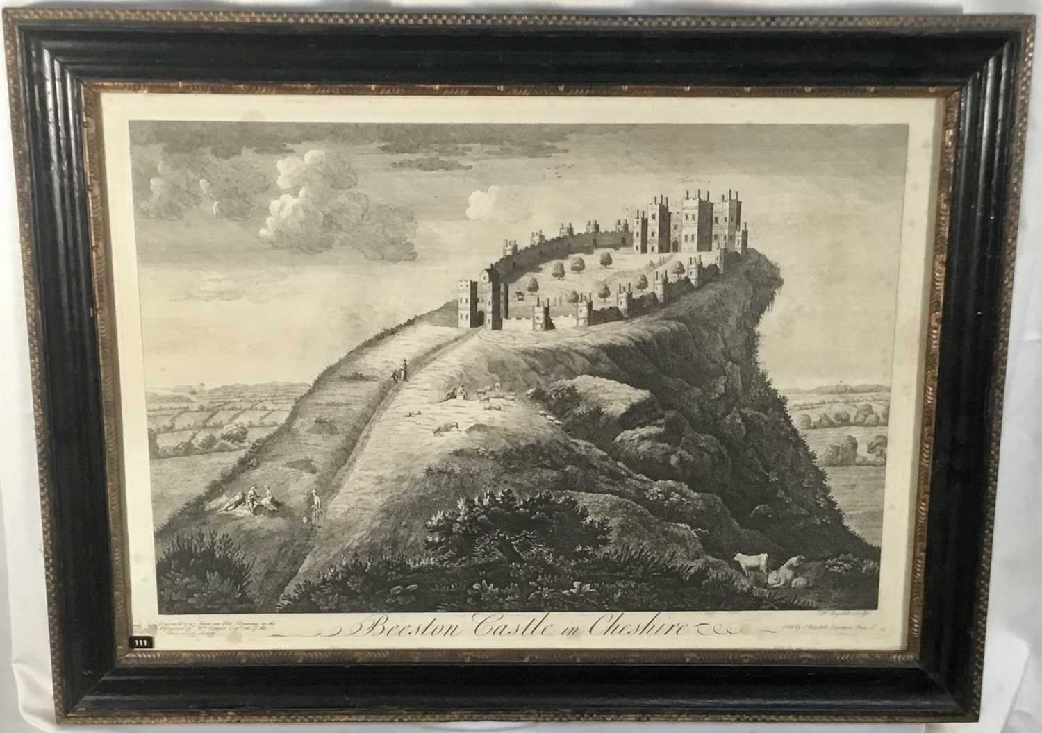Lot 385 - 18th century black and white engraving - Beeston Castle in Cheshire, 36cm x 50cm, in glazed hogarth frame