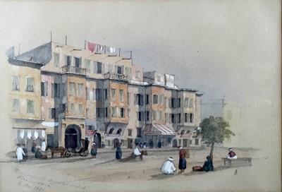 Lot 329 - Group of 1860s watercolours depicting views of Alexandria including the Peninsular Oriental Hotel, 1861, other views named and one of two figures, various sizes, in glazed frames