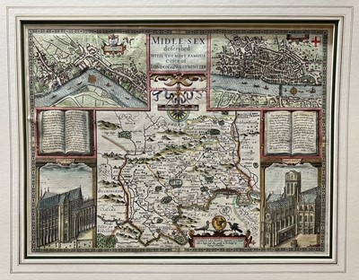 Lot 349 - 17th century Norden & Speed hand coloured engraved map of 'Midle-sex' (Middlesex), 43cm x 56cm, mounted, not laid down