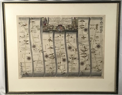 Lot 348 - Antique hand coloured engraved road map 'The Roads From London', by John Ogilby, 35cm x 46cm, in glazed frame