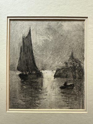 Lot 345 - Theodore Casimir Roussel (1847-1926) pencil and charcoal drawing - Vessels at Anchor, signed, 18cm x 15cm, mounted