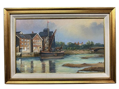 Lot 344 - Colin Moore, contemporary, oil on canvas - Low Water Stambridge Mills, signed, 26cm x 41cm, in gilt frame