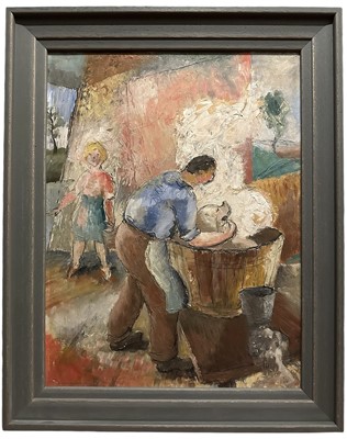 Lot 262 - Major Richard ‘Dick’ Heseltine M.C. (1914-2012) oil on board - 'Scalding a Pig', 40cm x 30cm, framed