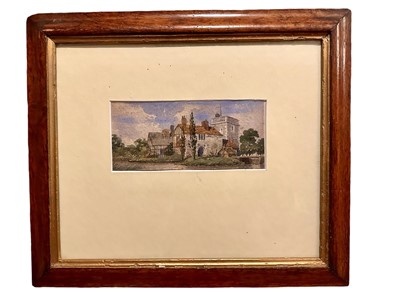 Lot 265 - Attributed to James Lawson Stewart (1841-1929) watercolour - A Moated Country House, 8.5cm x 18cm, in glazed rosewood veneered frame