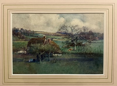 Lot 266 - English School, early 20th century, watercolour - figures beside a cottage, indistinctly signed, 14 x 22cm, in glazed gilt frame