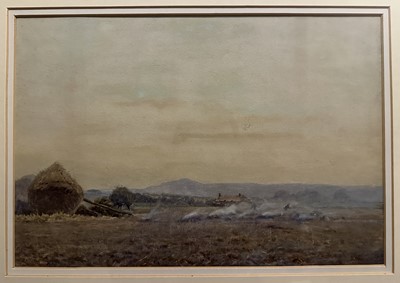 Lot 267 - R. Hamilton Chapman (act. 1881-1923) watercolour - Stubble Burning, signed, 24cm x 36cm, in glazed gilt frame