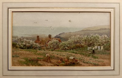 Lot 270 - Arthur Foord Hughes (1856-1934) watercolour - Figures in a Garden, the Coast beyond, signed, 18cm x 32cm, in glazed gilt frame