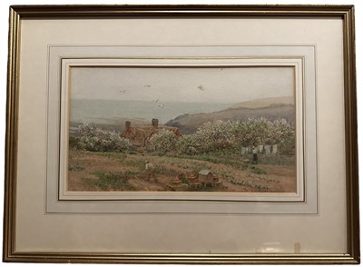 Lot 270 - Arthur Foord Hughes (1856-1934) watercolour - Figures in a Garden, the Coast beyond, signed, 18cm x 32cm, in glazed gilt frame
