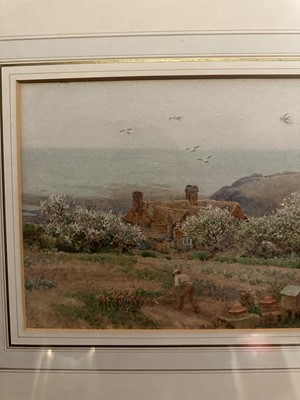 Lot 270 - Arthur Foord Hughes (1856-1934) watercolour - Figures in a Garden, the Coast beyond, signed, 18cm x 32cm, in glazed gilt frame