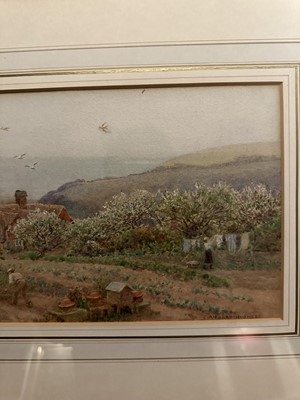Lot 270 - Arthur Foord Hughes (1856-1934) watercolour - Figures in a Garden, the Coast beyond, signed, 18cm x 32cm, in glazed gilt frame