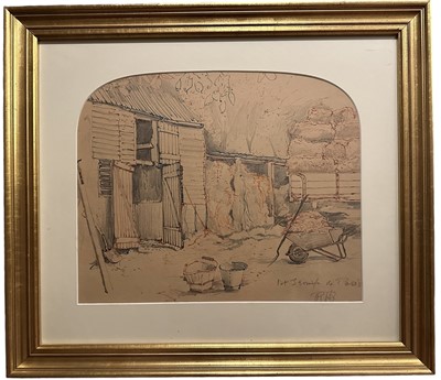 Lot 271 - Major Richard ‘Dick’ Heseltine M.C. (1914-2012) pencil and coloured inks - A Stable Yard, initialled and titled, 31cm x 38cm, in glazed gilt frame