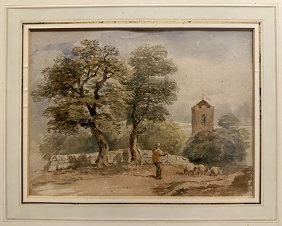 Lot 273 - English School, early 19th century, watercolour - Rural Lane with a Shepherd, 19cm x 25cm, in glazed frame