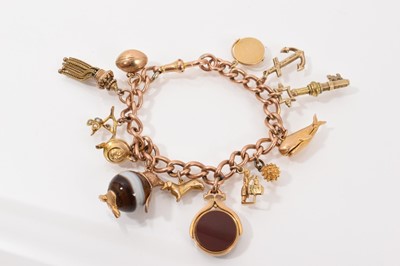 Lot 106 - 9ct gold curb link charm bracelet with various 9ct gold and yellow metal novelty charms including a Victorian winding key in the form of a key, spherical banded agate penguin, rotating hardstone...