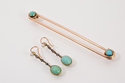 Lot 107 - Pair of antique turquoise cabochon, rose cut diamond and seed pearl drop earrings and a yellow metal pin with turquoise terminals