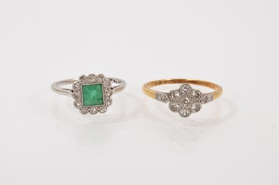 Lot 108 - Antique 18ct gold diamond flower head cluster ring and 18ct white gold emerald and diamond cluster ring (2)