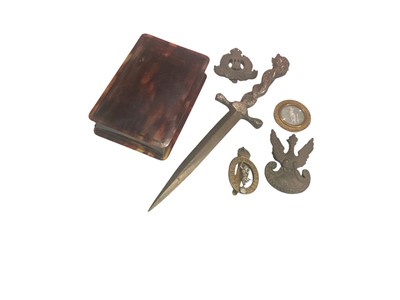 Lot 746 - Second World War Trench Art letter opener, stamped Pompei 1943, together with Polish cap badge and others.