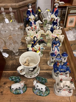 Lot 45 - Group of Staffordshire style pottery figures to include Prince Albert, Duke of Cambridge, Duchess, surprise mug etc (14)