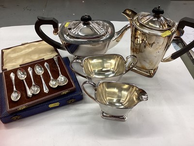 Lot 1101 - Five silver tea spoons, set of six silver handled tea knives in case, Art Deco plated four piece tea set and other silver plated wares