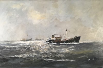 Lot 47 - Vic Ellis (1921-1984) oil on canvas - Fishing Trawlers at Sea, signed, 49.5cm x 76cm, framed