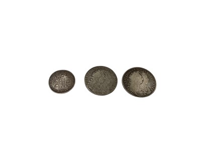 Lot 505 - G.B. - William & Mary silver Half Crowns 1689 x 2 & George II Roses & Plumes Shilling VG-F (3 coins)