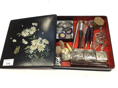 Lot 114 - Collection of silver fobs, silver plated panel belt with engraved flower and bird decoration, silver pencil, silver mounted perfume bottle, necklaces and bijouterie