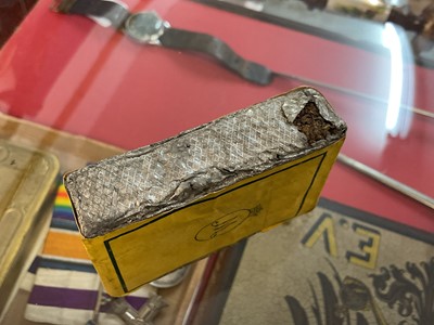 Lot 800 - First World War Princess Mary gift tin with original tobacco packet, Christmas card and note, together with a pipe.