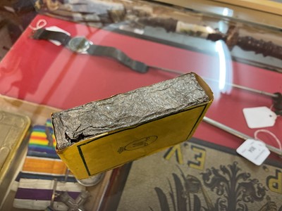 Lot 800 - First World War Princess Mary gift tin with original tobacco packet, Christmas card and note, together with a pipe.