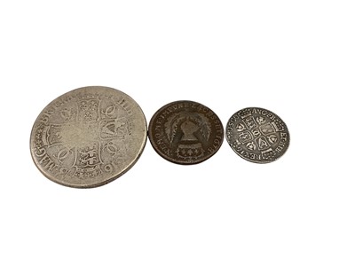 Lot 518 - Scotland - Mixed coins to include Charles II silver Four Merks 1673 Poor-Fair, silver Eighth Dollar 1680 GF-AVF & copper Bawbee 1678 VG (3 coins)