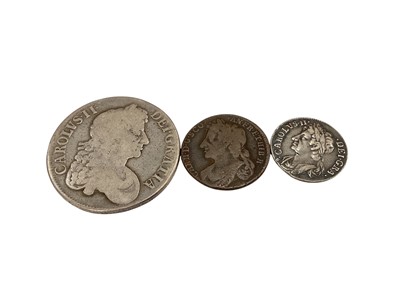Lot 518 - Scotland - Mixed coins to include Charles II silver Four Merks 1673 Poor-Fair, silver Eighth Dollar 1680 GF-AVF & copper Bawbee 1678 VG (3 coins)