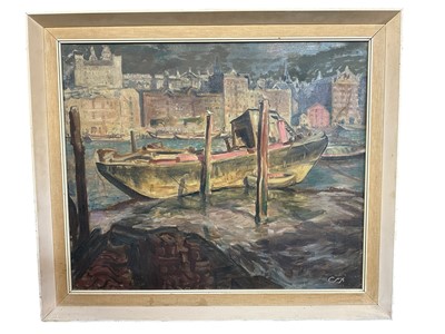 Lot 363 - Continental School, 20th century, oil on canvas - Town River View, indistinctly initialled, 62cm x 75cm, framed